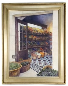 Sharon M. Stillwater (American, b.1942) Vegetable Store Front, Signed lower right, Oil on canvas,