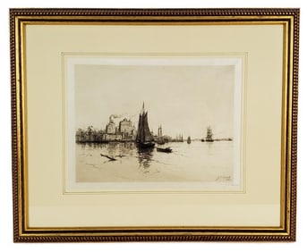 James Craig Nicoll (American, 1846-1918) Harbor with Boats and Town, Signed in pencil lower right