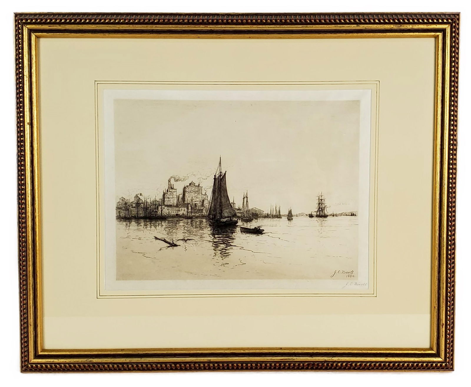 James Craig Nicoll (American, 1846-1918) Harbor with Boats and Town, Signed in pencil lower right (1 of 5)