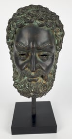 Greek Hellenistic Style Bronze Head of Zeus, verdigris patina, 10" h. 7" w. 8" d.