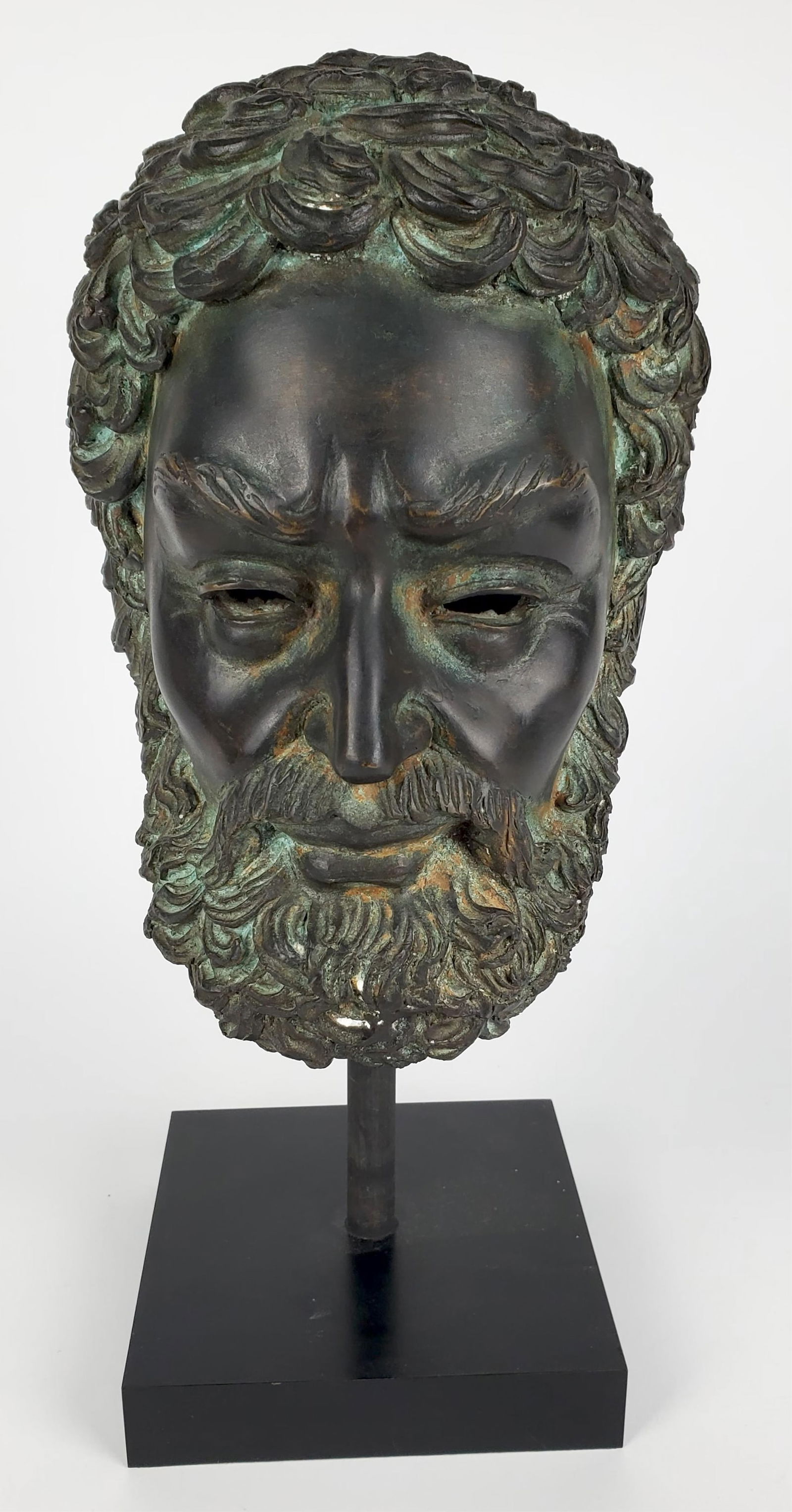 Greek Hellenistic Style Bronze Head of Zeus, verdigris patina, 10" h. 7" w. 8" d. (1 of 5)