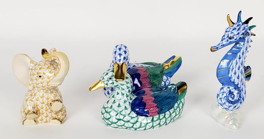 Group of Three Herend Fishnet Porcelain Figures to include: blue seahorse, green two ducks, and