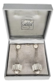 Pair of Lalique Sterling and Crystal Glass Drop Earrings, marked Lalique and 925, 2 1/2" L., in