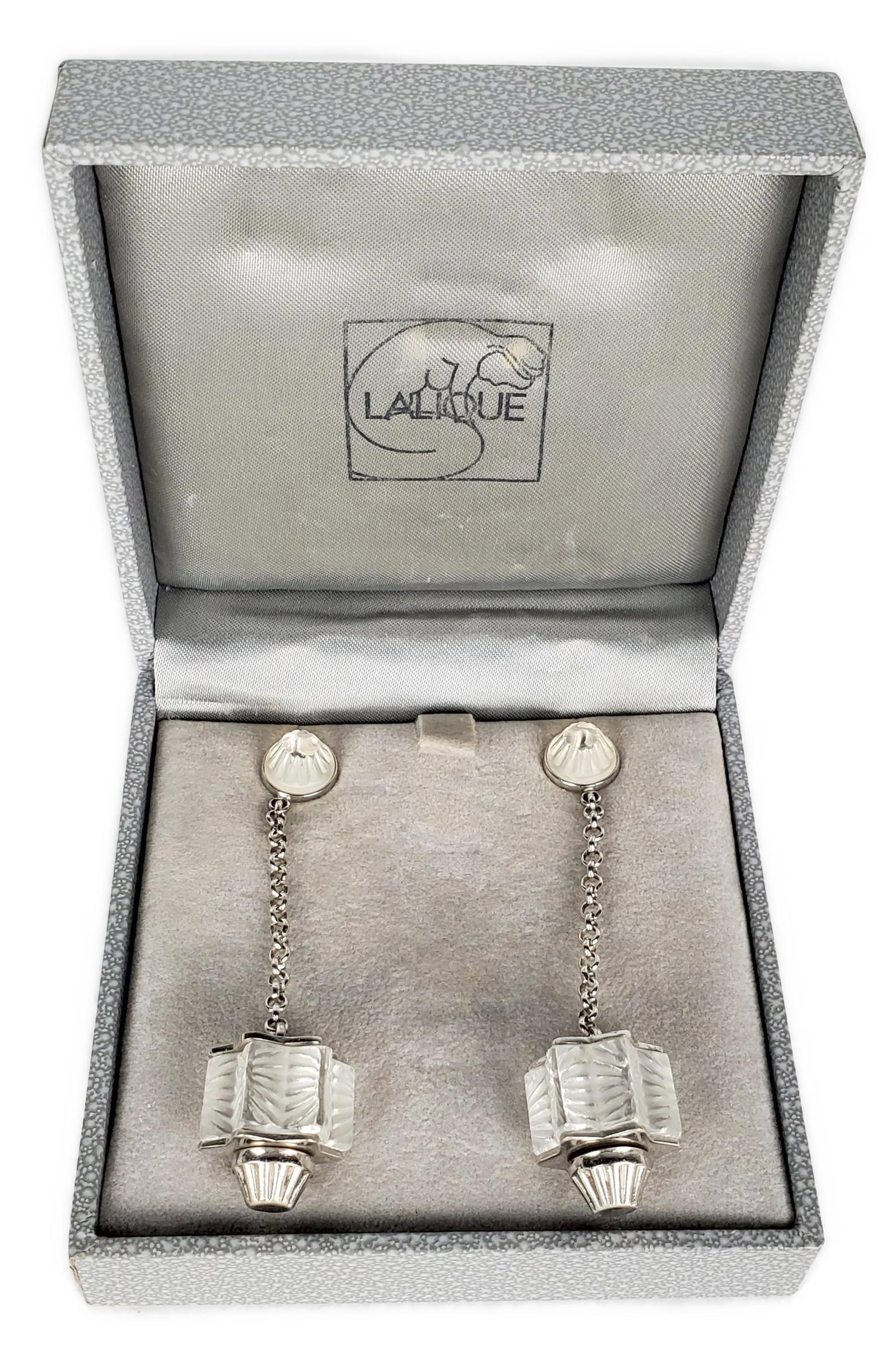 Pair of Lalique Sterling and Crystal Glass Drop Earrings, marked Lalique and 925, 2 1/2" L., in: Pair of Lalique Sterling and Crystal Glass Drop Earrings, marked Lalique and 925, 2 1/2" L., in presentation box.