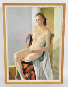 A 20th Century Oil on Canvas Painting, Figurative Study of a Seated Nude Lady, monogrammed lower
