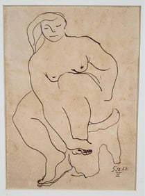A 20th Century Ink on Paper Drawing, Unknown Artist, Seated Nude Woman Bathing, unsigned and dated