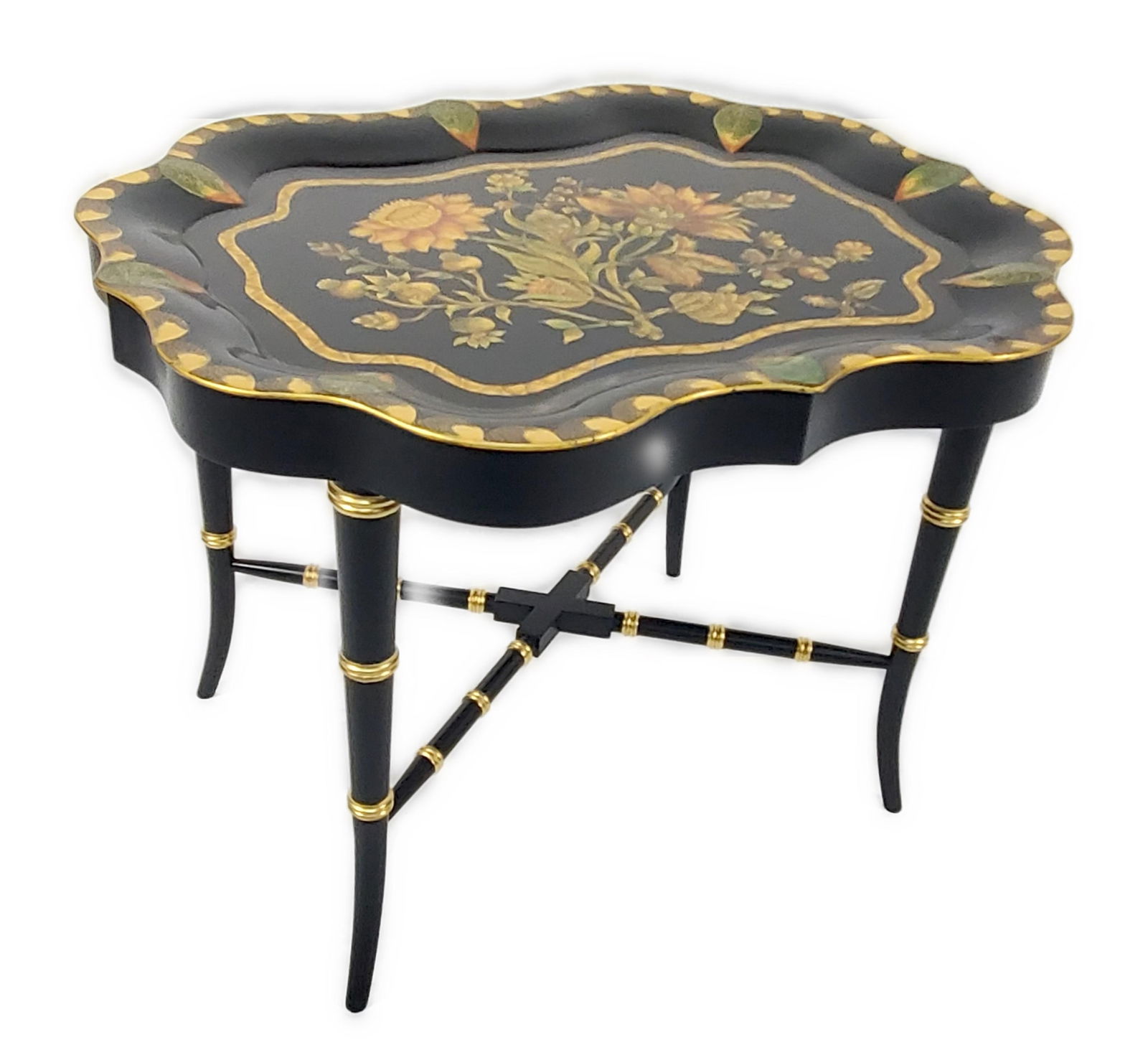 English Style Tole Tray Table on Stand, 20th Century, underside labeled Isabel O'Neil Studio- (1 of 4)