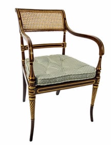 English Regency Style Armchair with Caned Seat and Back, with a tufted button seat cushion, 32" h. ,