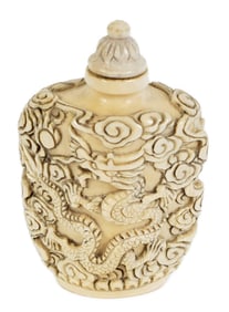Chinese Carved Dragon and Clouds Snuff Bottle, underside marked, 2 3/4" x 1 3/4" x 1"