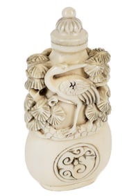 Chinese Carved Crane with Flowers Snuff Bottle, underside marked, 2 3/4" x 2" x 1/2"