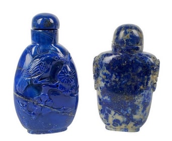 Two Chinese Carved Lapis Lazuli Snuff Bottles, 2" h. 1 3/4" w. 1" d.
