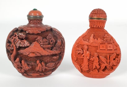 Two Chinese Carved Cinnabar Snuff Bottles, 20th Century, 2 3/4" h. 2 1/2" w. 1" d.