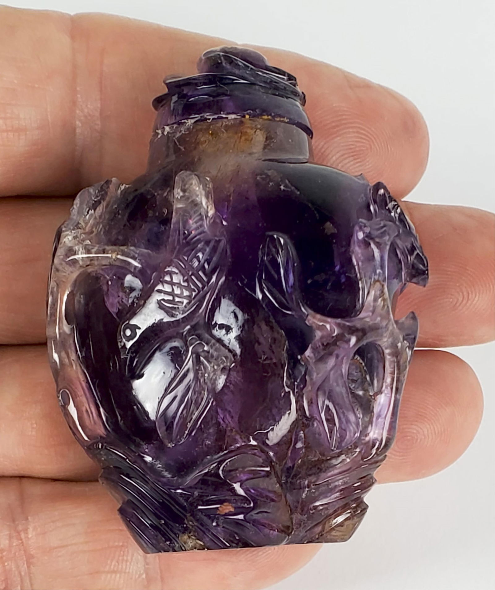 Chinese Amethyst Carved Snuff Bottle, 20th Century, 2" h. 1 13/4" w. 1" d. (1 of 4)