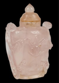 Chinese Carved Rose Quartz Snuff Bottle, 20th Century, 2 1/4" h. 2" w. 1/2" d.