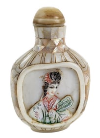 Chinese Mother of Pearl Snuff Bottle, polychromed, 20th Century, 2 3/4" h. 1 3/4" w. 1" d.