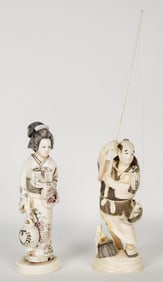 Two Japanese Okimono Carved Figures, Geisha and Fisherman, both marked underside, 6" h. and 5" high