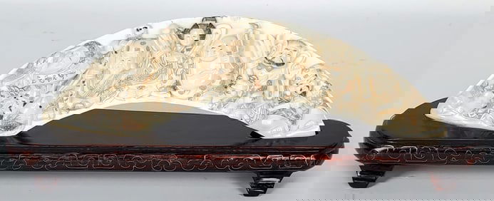 Japanese Carved Bridge Carved with the Seven Immortals, polychromed, underside marked, 2" h. 9" L.