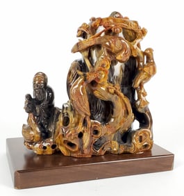 Chinese Carved Agate Grouping of Sage with Birds on Branches, 20th Century, 8" h. 8" w. 4" d.