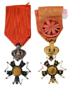 Two Antique French Honneur et Patria Enamel and Gilded Metal Medals with Ribbons, 19th Century,