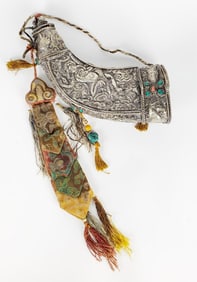 Unusual Antique Tibetan Silver and Stone Inset Ceremonial Vessel/Powder Horn, repousse decoration