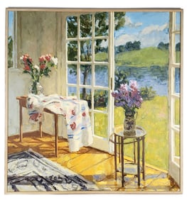 Large 20th Century Oil on Canvas Painting, Interior with Flowers and French Doors, Signed lower