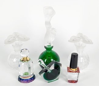 Group of Six Glass Perfume Bottles, 20th Century, tallest-11" h.