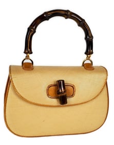 Vintage Gucci Ladies Bamboo and Straw Hand Bag, Made in Italy, some soiling to cloth with some