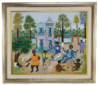 Haitian School (20th Century) Family Picnic Scene, Signed and dated '88 lower center, Oil on board,