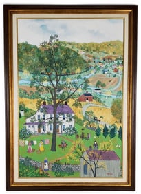 A 20th Century Oil on Canvas Painting, Farm Valley Landscape with Figures and Train, Signed Jarris