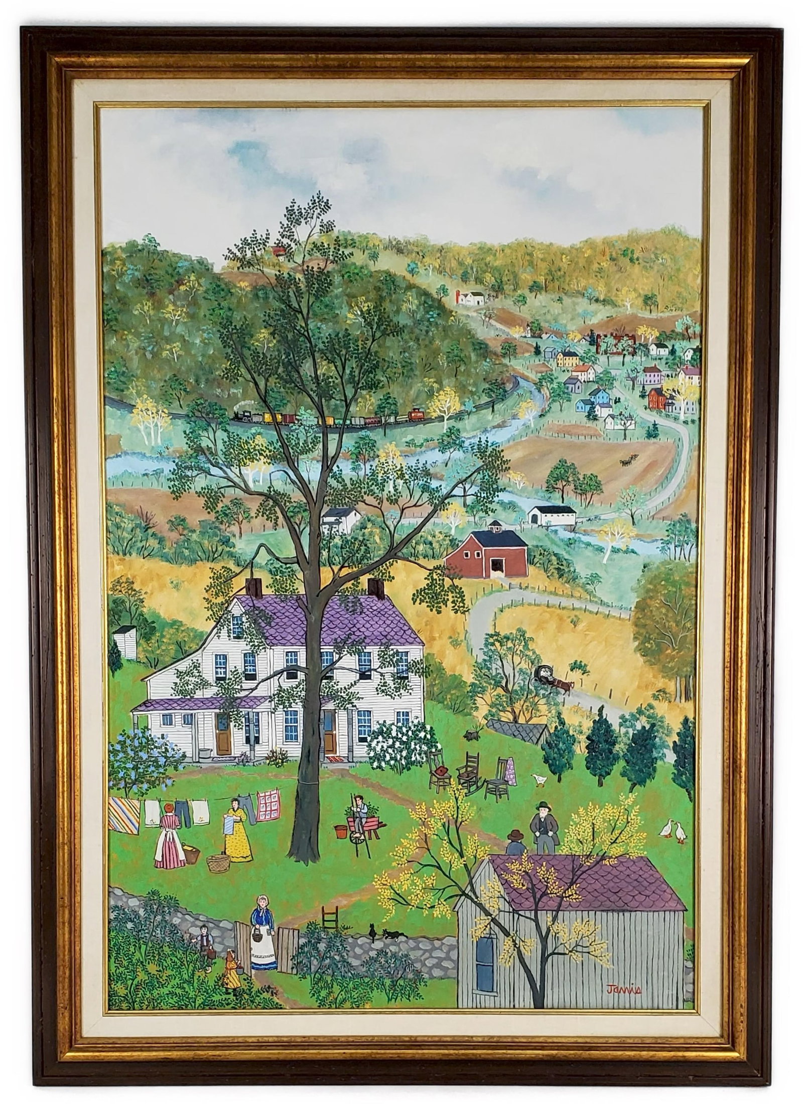 A 20th Century Oil on Canvas Painting, Farm Valley Landscape with Figures and Train, Signed Jarris: A 20th Century Oil on Canvas Painting, Farm Valley Landscape with Figures and Train, Signed Jarris lower right, 36" x 24', Framed-41 1/2" x 29 1/2"