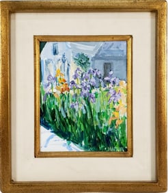 A 20th Century Oil on Board Painting, Blooming Flowers with House Lanscape, Signed Hamlin lower