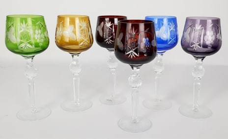 Six Polish Crystal Colored Glass Cut to Clear Goblets with faceted knops, 8 1/2" h.