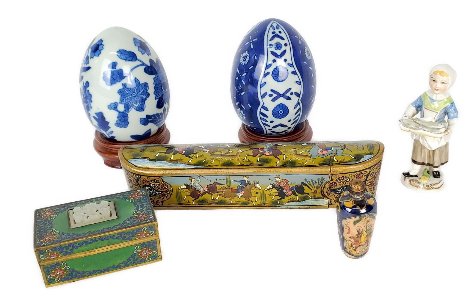 Group of Six Decorative Objects to include: a Chinese cloisonné enamel rectangular box set with (1 of 4)