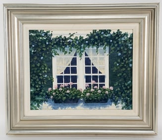 A 20th Century Oil on Canvas Painting, House Facade with Flower Boxes, Signed Kozora lower left,, 11