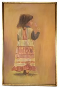 A 20th Century Oil on Canvas Painting, Young Child with Flower, Signed Bahm, 40" x 26", Framed-41" x