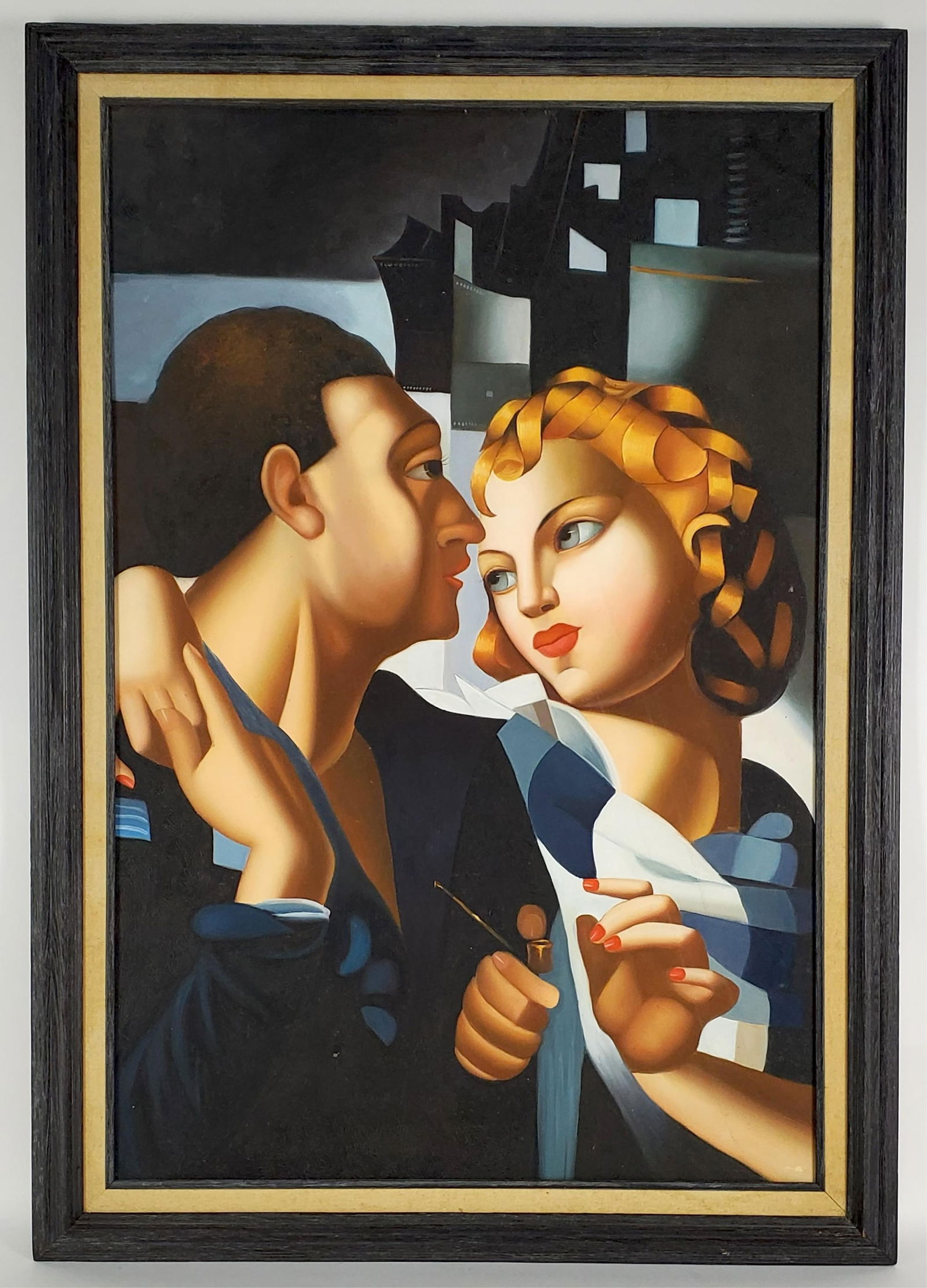 Style of Tamara de Lempicka (Polish, 1894-1980) The Couple, Oil on canvas, 36" x24', Framed-41" x: Style of Tamara de Lempicka (Polish, 1894-1980) The Couple, Oil on canvas, 36" x24', Framed-41" x 29'