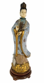 Chinese Cloisonee Quan-Yin with carved Head and Hands, 20th Century, on a wood base, 16" h. 4 1/2"