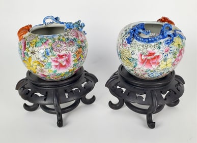 Pair Chinese Porcelain Dragon and Bat Open Bowls, marked China on underside, both on sttands (one