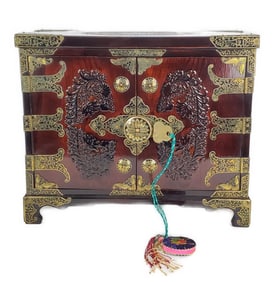 Korean Wood Mounted Jewelry Box, 20th Century, has key, 11 1/2" h. 13 3/4" w. 6 1/4" d.