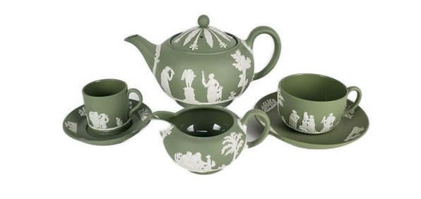 Group of Six English Wedgwood Green Jasper Porcelain Pieces to include:Teapot, Creamer, Two pair of
