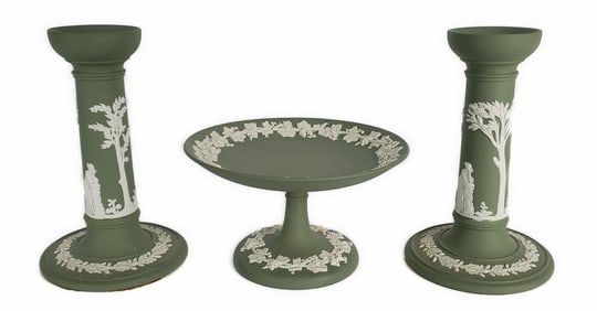 Group of Three English Wedgwood Green Jasperware Porcelain Pieces to include: Pair candlesticks and