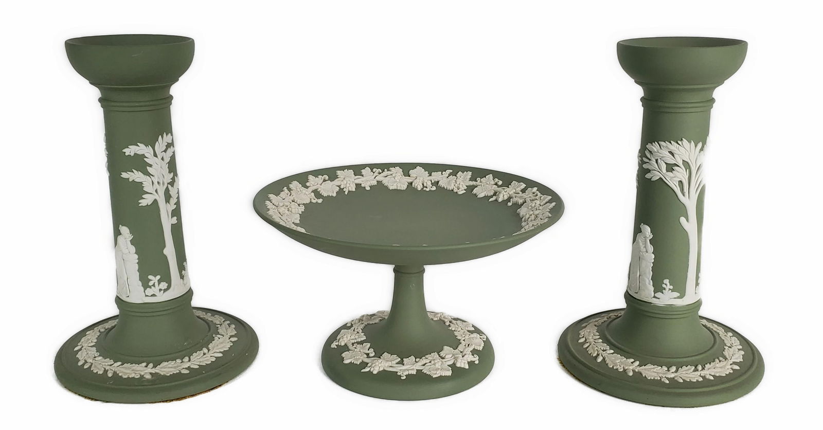 Group of Three English Wedgwood Green Jasperware Porcelain Pieces to include: Pair candlesticks and: Group of Three English Wedgwood Green Jasperware Porcelain Pieces to include: Pair candlesticks and Compote