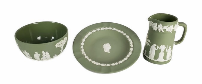 Group of Three English Wedgwood Green Jasperware Porcelain Pieces to include: Plate, Bowl, Jug