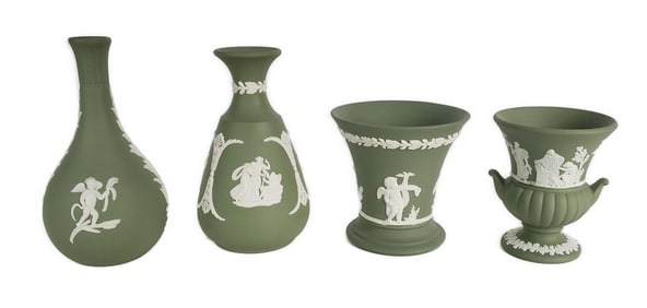 Group of Four English Wedgwood Green Jasperware Porcelain Pieces to include: Two Vases, Urn, and