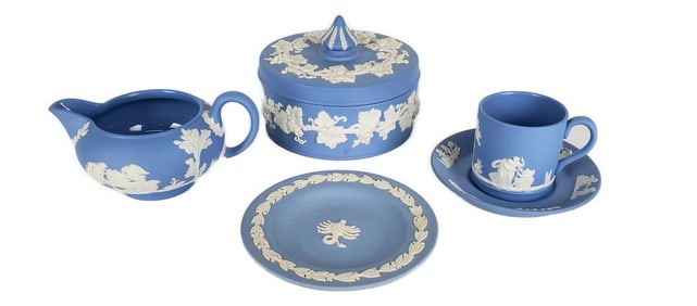 Group of Four English Wedgwood Celeste Blue Porcelain Pieces to include: Lidded Box, Creamer, Small
