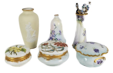 Misc. Group of Six Porcelain Pieces to include: three hand painted lidded vanity boxes, Limoges