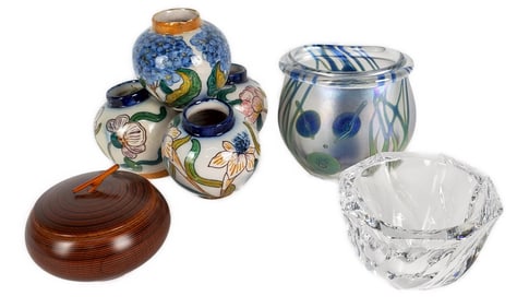 Group of Four 20th Century Objects to include: Studio Iridescent Glass Vase, signed and dated 1998,