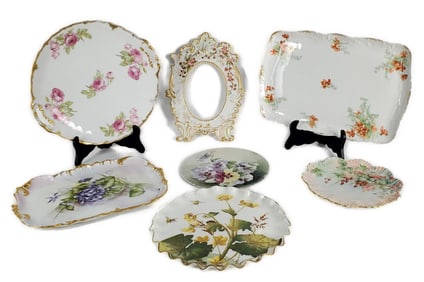 Misc. Group of Antique Porcelain Plates, 20th Century, all hand painted, Largest-10" dia., Tray-8" x