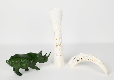 Group of Three Carved Objects to include: Two Bone Studies and a Stone Rhino, 20th Century, Rhino-3"