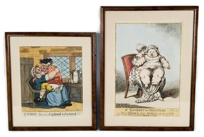 Two English Early 19th Century Satirical Prints with hand coloring, both framed, 17 3/4" x 13 1/2"